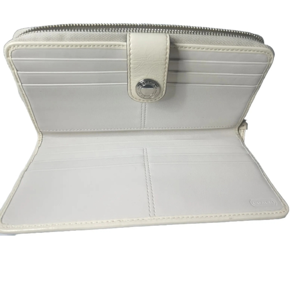 Coach Signature Stripe Checkbook Wallet Khaki~Brown~Cream Full Size - Picture 3 of 9